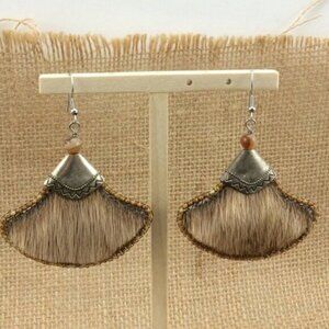 Beaded Metal Handmade Boho Dangle Earrings Festival Style Faux Real Leather Fur